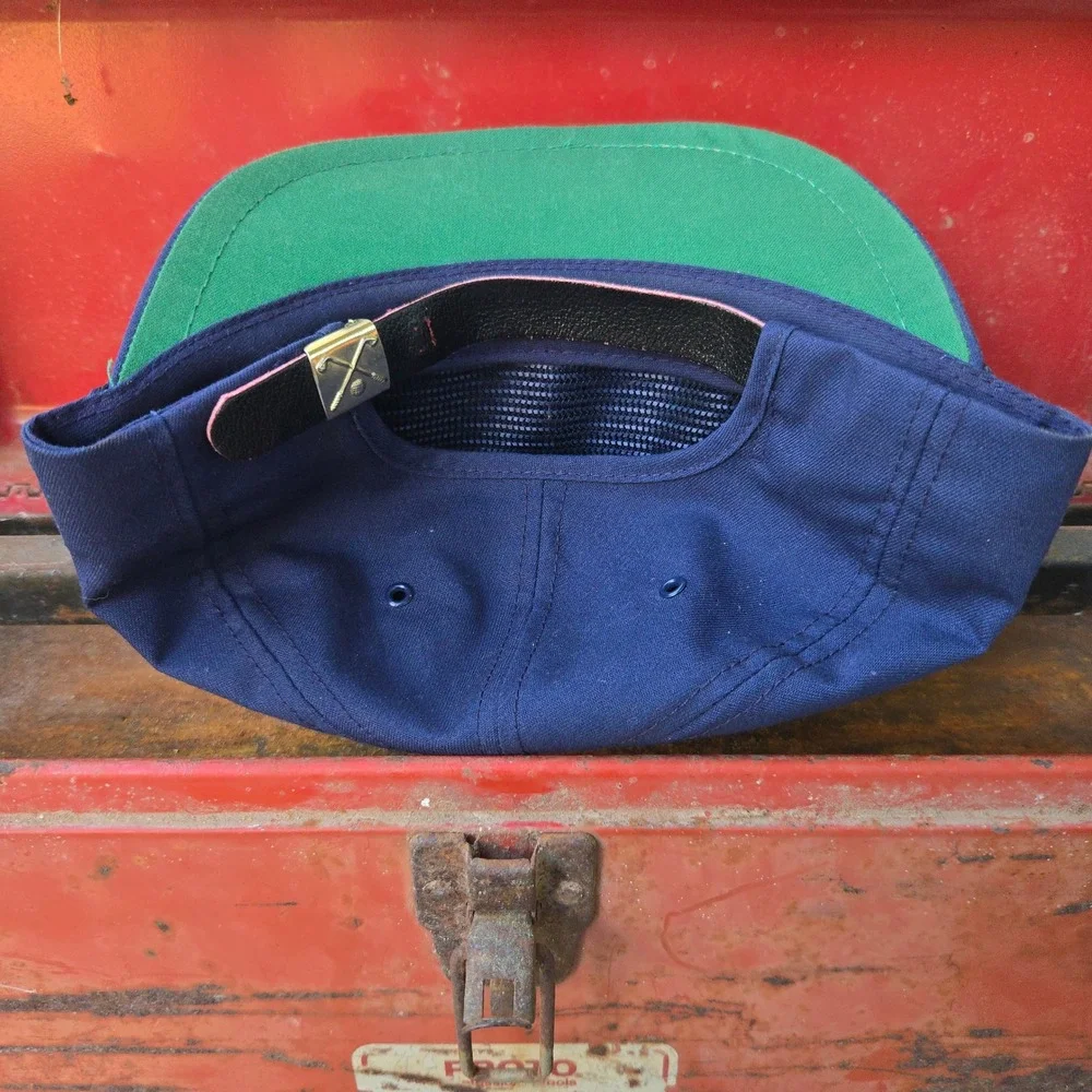 VTG K-Brand University Of‎ Okoboji Hat Navy OSFM Leather Strap Golf Buckle USA